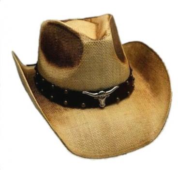 Stroh Cowboyhut mit Stierkopf